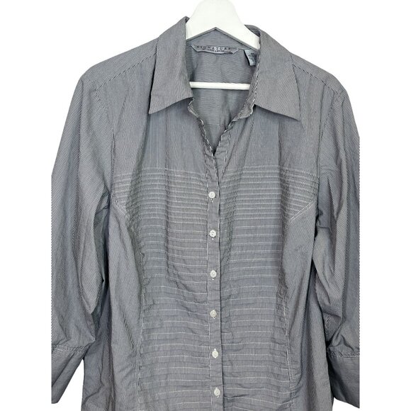 Larry Levine Plus Size 3X Gray Black Striped Button Down Blouse Career Workwear - Picture 3 of 11
